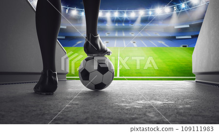 Soccer or football player standing with ball in tunnel Soccer or football player standing with ball in tunnel 109111983