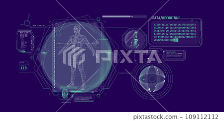 Medical research futuristic interface screen with data decoding. 109112112