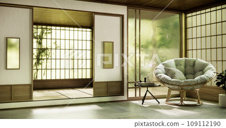 Wooden Arm chair and partition japanese on room tropical interior. Wooden Arm chair and partition japanese on room tropical interior. 109112190