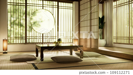 low table and pillow on wooden floor room japan style. 109112271