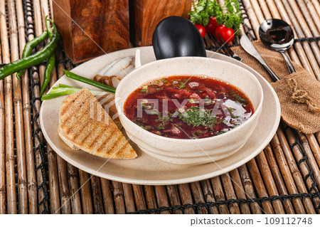 Russian cabbage and beetroot soup Borsch 109112748