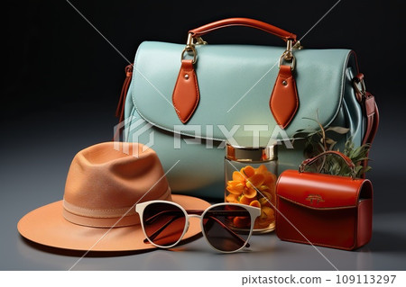 Blue bag with brown handles and brown hat and bag on black background with sunglasses. Blue bag with brown handles and brown hat and bag on black background with sunglasses. 109113297