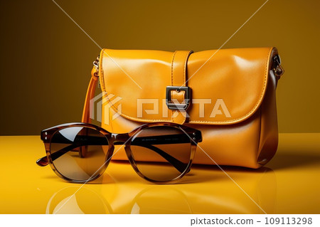 Yellow clutch with sunglasses on yellow background. Yellow clutch with sunglasses on yellow background. 109113298