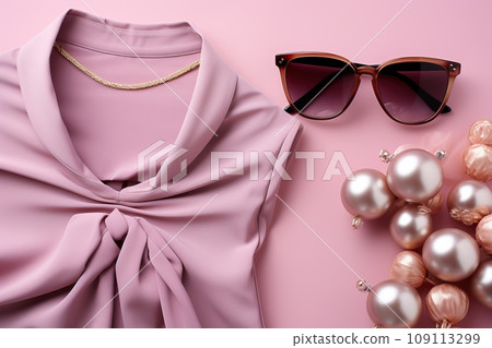 Glasses and pink dress on pink background, stylish example of women's clothing and accessories. Glasses and pink dress on pink background, stylish example of women's clothing and accessories. 109113299
