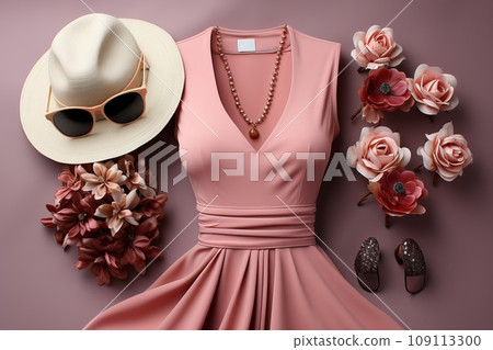 Glasses and pink dress on pink background, stylish example of women's clothing and accessories. Glasses and pink dress on pink background, stylish example of women's clothing and accessories. 109113300