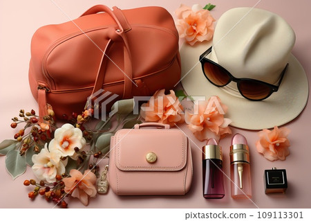Large and small women's bags with a hat and glasses on , top view. 109113301