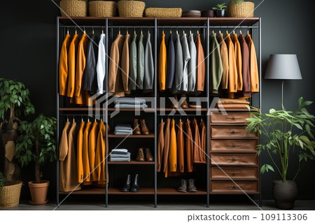 Neat men's wardrobe, clothes hang on hangers by color. 109113306