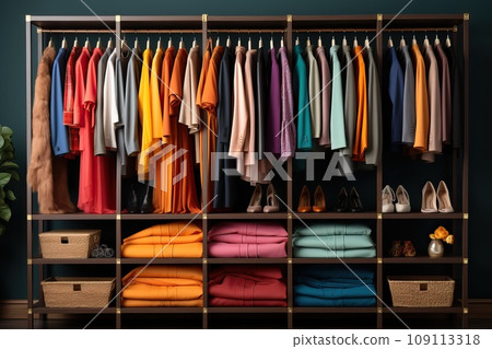 Women's colored clothes hang neatly by color on hangers in the dressing room. 109113318