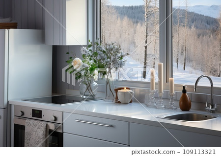 Fashionable and modern white kitchen, the most popular white color for the kitchen. Fashionable and modern white kitchen, the most popular white color for the kitchen. 109113321