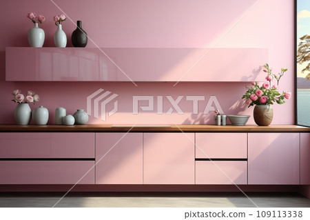 Kitchen-studio in pink and gray colors, example and design for the kitchen. Kitchen-studio in pink and gray colors, example and design for the kitchen. 109113338