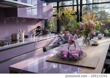Kitchen and kitchen furniture in purple color. Kitchen and kitchen furniture in purple color. 109113342