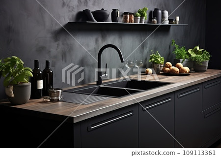 Gray kitchen, comfortable and modernized studio kitchen. Gray kitchen, comfortable and modernized studio kitchen. 109113361