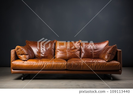 A brown leather sofa in a room with a gray wall and a brown floor. 109113440