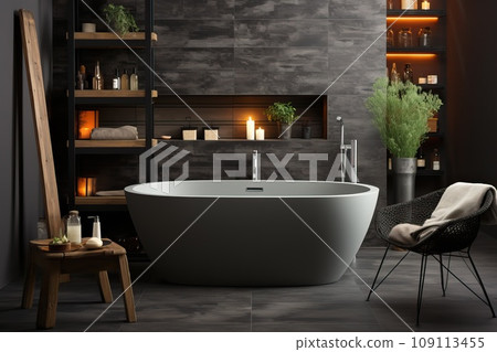 A bathroom in gray tones, a romantic bathroom with a chair, shelves and toiletries. 109113455