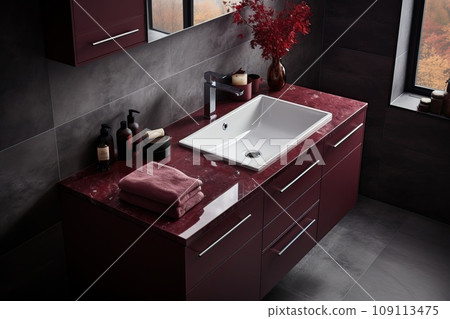 A bathroom with a washbasin and a red vanity unit, gray walls and floor. A bathroom with a washbasin and a red vanity unit, gray walls and floor. 109113475