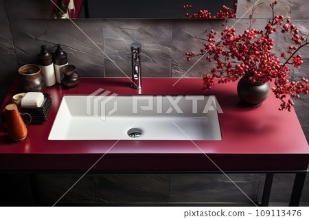 A bathroom with a washbasin and a red vanity unit, gray walls and floor. 109113476