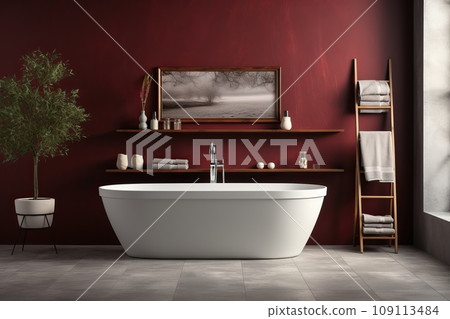 A large white bath, a purple bathroom. A large white bath, a purple bathroom. 109113484