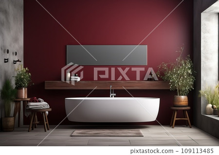 A large white bath, a purple bathroom. A large white bath, a purple bathroom. 109113485