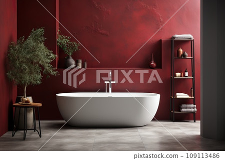 A large white bath, a purple bathroom. 109113486