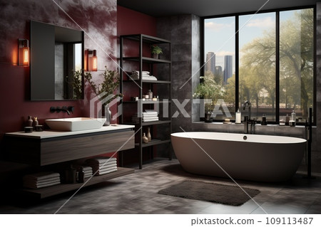 A large white bath, a purple bathroom. 109113487