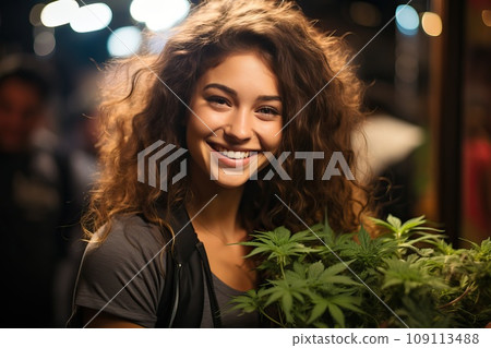 A brown-haired girl smiles near a marijuana bush. 109113488
