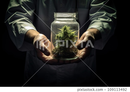 The laboratory doctor holds a glass jar of marijuana in his hands. The laboratory doctor holds a glass jar of marijuana in his hands. 109113492