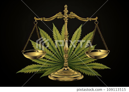 Scales with marijuana on a black background as a symbol of justice. 109113515