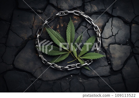 Marijuana leaf on black and cracked burnt earth. Marijuana leaf on black and cracked burnt earth. 109113522