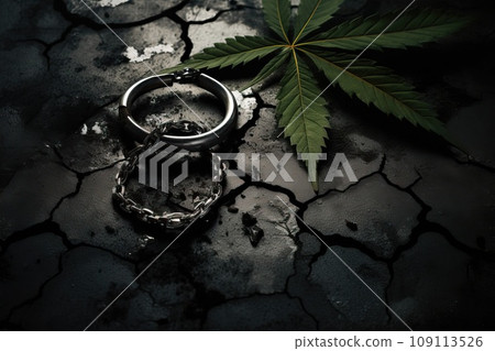 Marijuana leaf on black and cracked burnt earth. 109113526