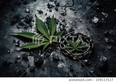 Marijuana leaf on black and cracked burnt earth. Marijuana leaf on black and cracked burnt earth. 109113527