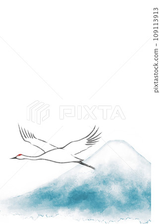 New Year's card illustration of Mt. Fuji and cranes flying in the sky in watercolor style New Year's card illustration of Mt. Fuji and cranes flying in the sky in watercolor style 109113913