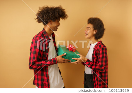 Happy and joyful couple exchange present for Christmas Happy and joyful couple exchange present for Christmas 109113929