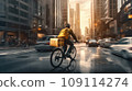 Back view of unrecognizable delivery man with backpack and courier riding bicycle on street between city buildings during sunset 109114274