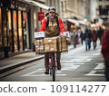 Focused young male delivery man in protective helmet riding bicycle with cardboard boxes on street in city 109114277