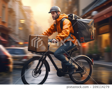 Side view of young man in helmet with backpack and courier riding bicycle on city street near buildings at sunset 109114279