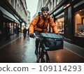 Focused young male delivery man in protective helmet riding bicycle with cardboard boxes on street in city 109114293