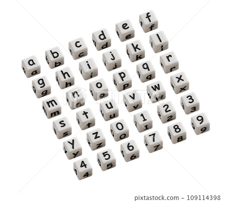 white dice with alphabets and numbers white dice with alphabets and numbers 109114398