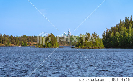 The monastery rises above the pine trees of Valaam Island in Lake Ladoga 109114546