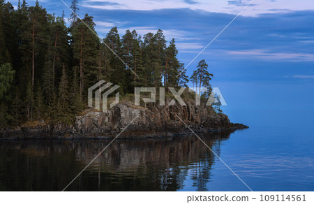 The rocky shore of Valaam Island on Lake Ladoga at white night 109114561