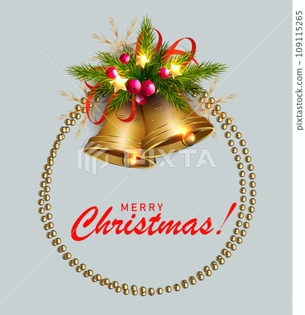 Isolated wreath with golden bells and snowflakes, Christmas design element Isolated wreath with golden bells and snowflakes, Christmas design element 109115265