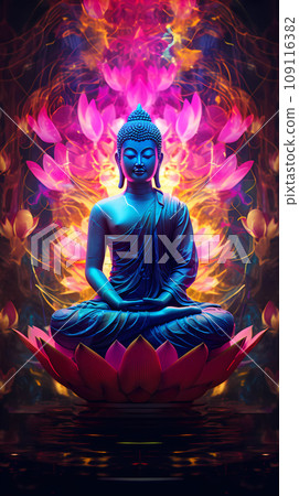 Buddha Sitting in the Lotus Position on the Background of the Mandala Buddha Sitting in the Lotus Position on the Background of the Mandala 109116382