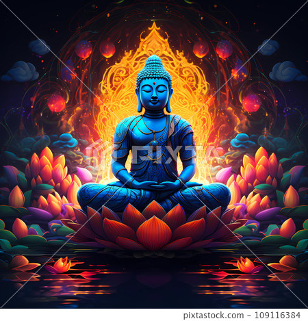 Buddha Sitting in the Lotus Position on the Background of the Mandala 109116384