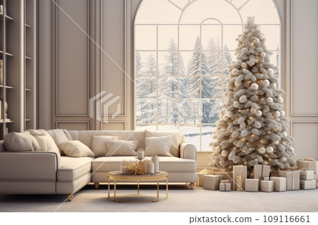 Large view of a modern cream style living room with Christmas decorations, tree and Christmas gifts. 109116661