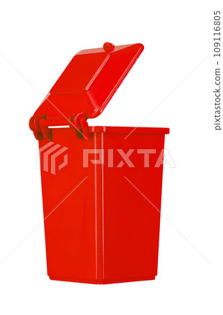 Red recycling bin with open lid isolated on white background. Garbage, trash bin. 109116805
