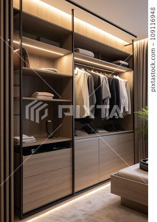 Elegant minimalist male walk in wardrobe with clothes hanging on rods, shelves and drawers. 109116948