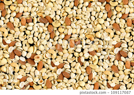 Pile of mixed nuts of almond, hazelnut, peanut and cashew Pile of mixed nuts of almond, hazelnut, peanut and cashew 109117087