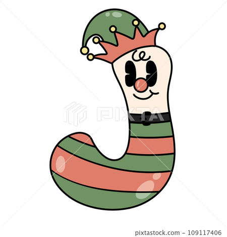 Letter J cute 60s 70s groovy retro vintage smiley elf cartoon font winter alphabet merry christmas xmas festive clipart 109117406