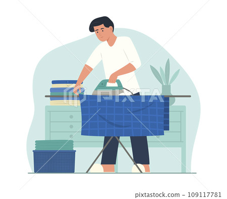 Man Ironing Clothes with Electric Iron at Home for Housework Concept Illustration Man Ironing Clothes with Electric Iron at Home for Housework Concept Illustration 109117781
