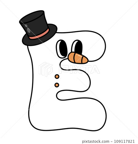 Letter E cute 60s 70s groovy retro vintage smiley snowman cartoon font winter alphabet merry christmas xmas festive clipart 109117821