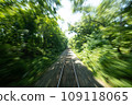 Rear view of a train running on a track among green trees 109118065